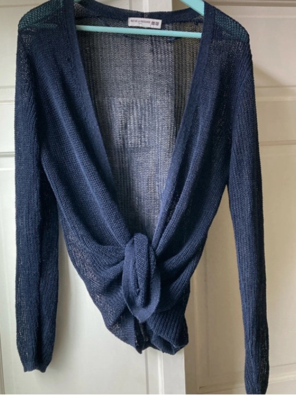 Tie-Front Navy Open Knit Women's Cardigan